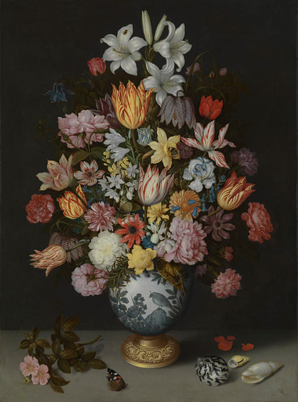 Ambrosius Bosschaert the Elder, 'A Still Life of Flowers in a Wan-Li Vase on a Ledge with further Flowers, Shells and a Butterfly', 1609-10.